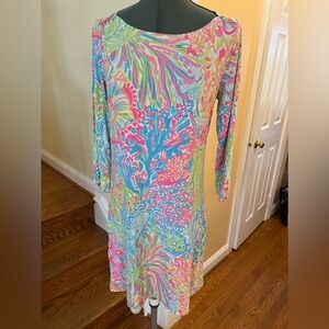 14- Lilly Pulitzer Women's Neon Tropical Palms Casual Dress Gold Button Detail